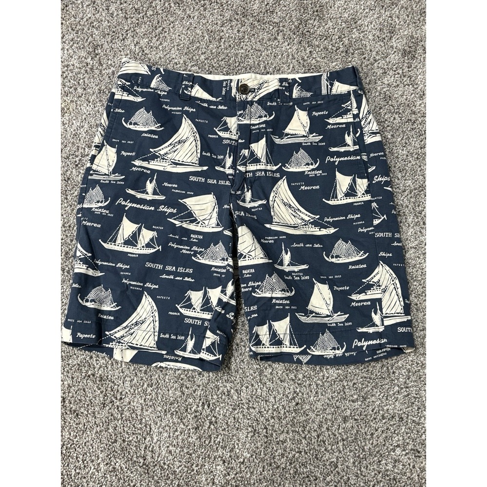 J.Crew Mens Navy Polynesian Ships South Sea Isles Nautical Chino Shorts 9 Inseam
